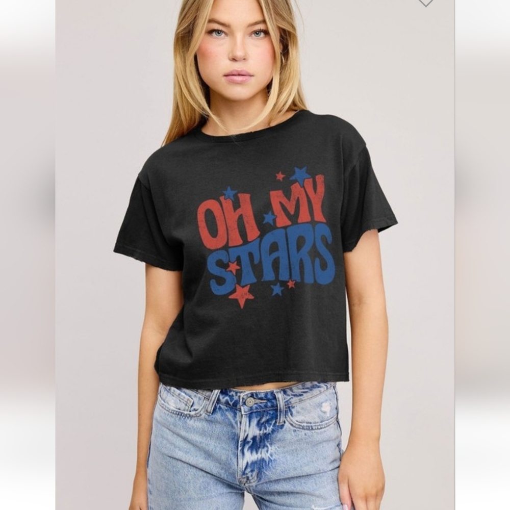 NWOT Graphic Tee Oh My Stars Box Crop  Black